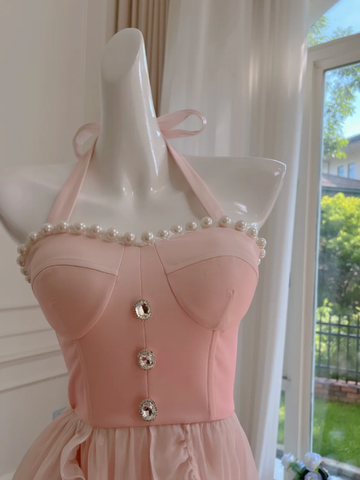 Simple Halter Pink Tulle Pearls Beaded High-Low Ruffles Homecoming Dress Party Dress Y8582