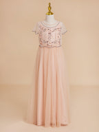 Vestido rosa de niña de las flores, corte en A, de gasa y largo hasta el suelo 