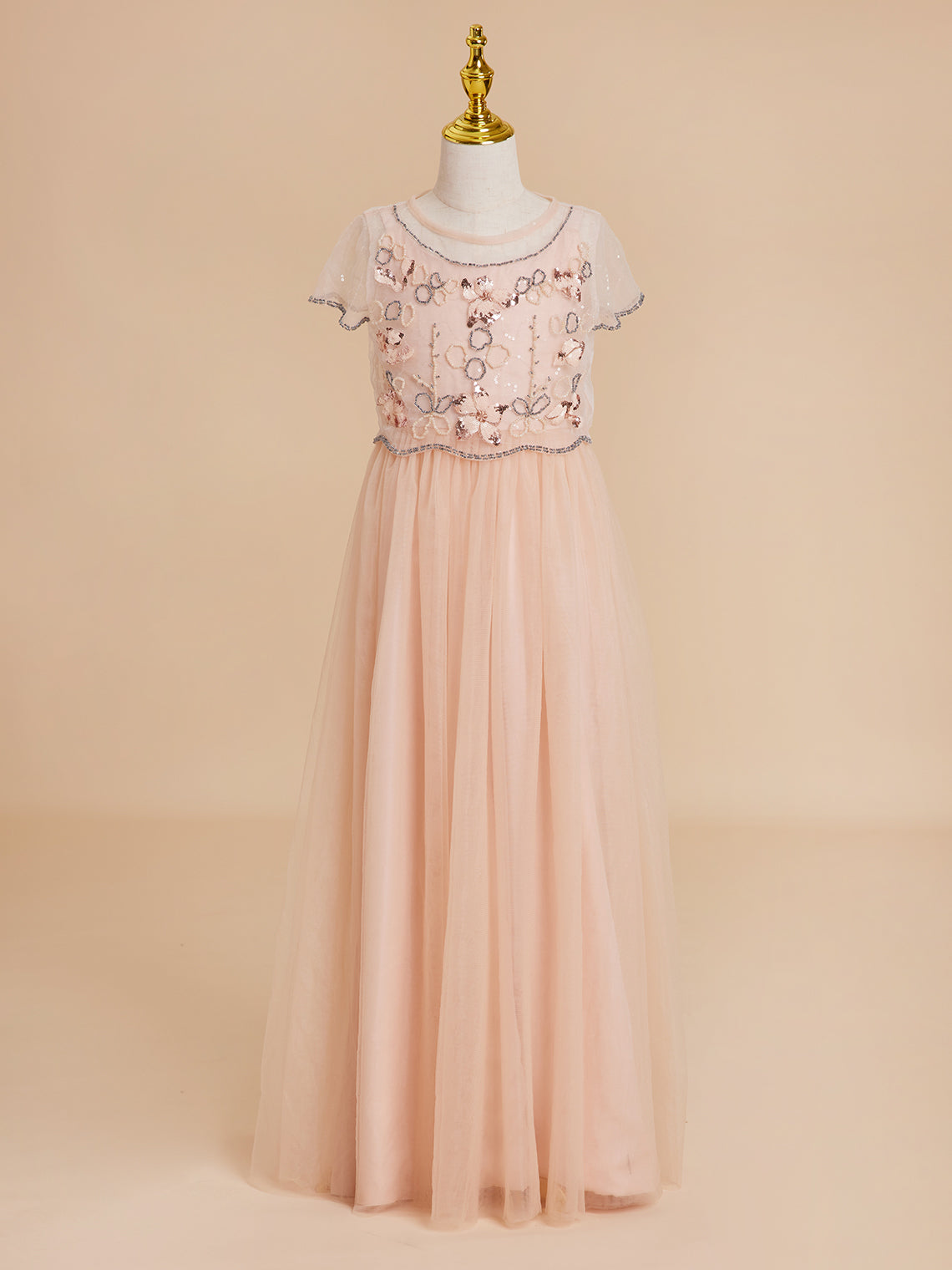 Vestido rosa de niña de las flores, corte en A, de gasa y largo hasta el suelo 