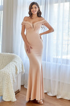 Robe de bal longue sirène rose poudré avec appliques