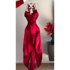 Vestido formal de fiesta burdeos con tirantes finos, escote en V y encaje 