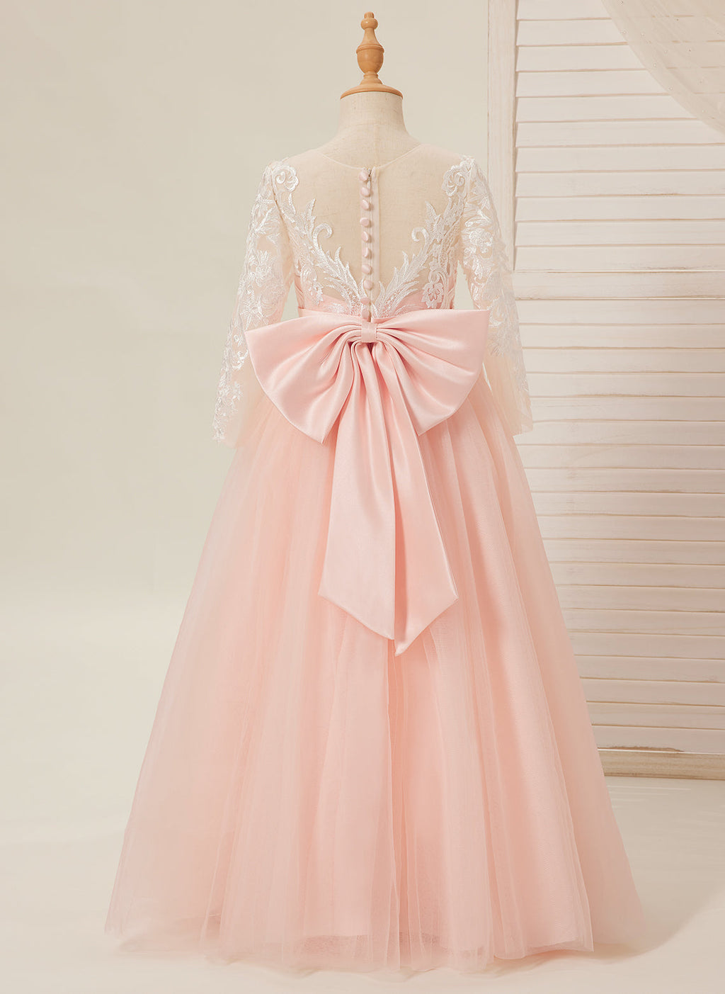 Vestidos de niña de las flores de corte A, manga larga, encaje y tul, color rosa (2003227575) 