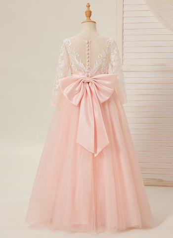 Vestidos de niña de las flores de corte A, manga larga, encaje y tul, color rosa (2003227575) 