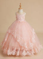 Vestido de princesa sin mangas de tul con apliques de encaje y cola corta para niñas 
