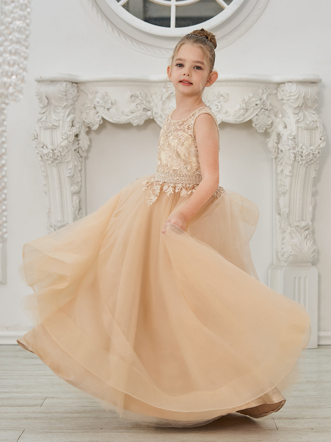 Vestido de princesa/vestido de princesa con cola de tul y vestido de niña de las flores color champán 