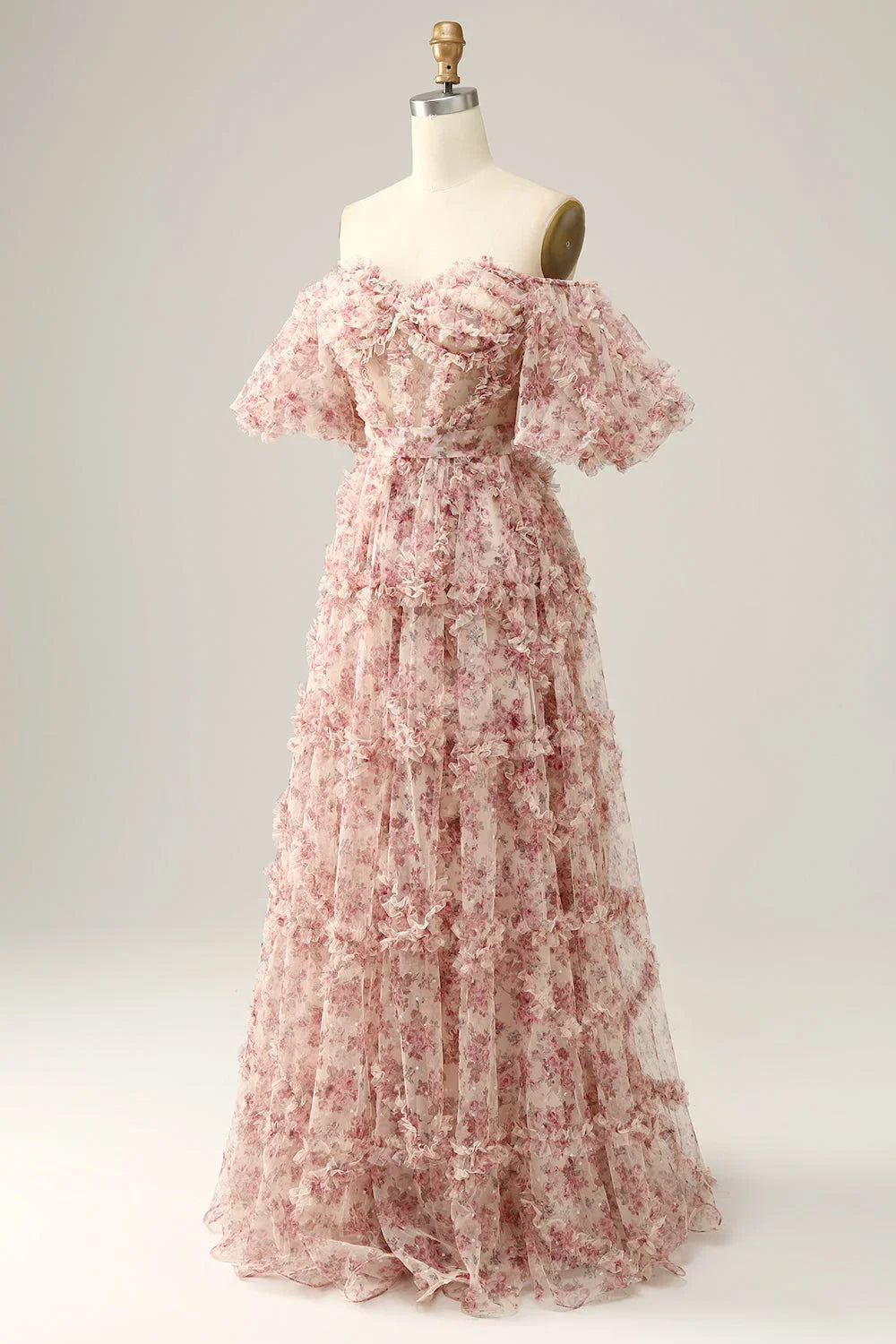 Magnifique robe de bal bustier rose à imprimé floral, coupe trapèze, épaules dénudées et traîne.