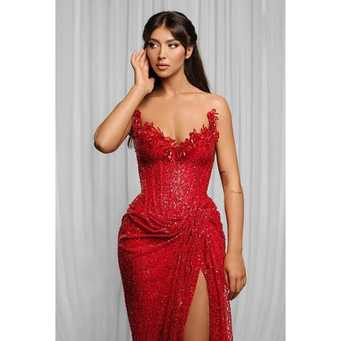 Baoleely Elegant & Luxurious V-Neck Sleeveless Sequins Side Slit Sheath Evening Party Prom Dress