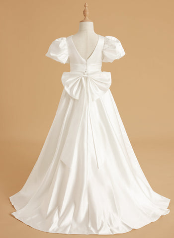 Vestido de niña de las flores con mangas abullonadas, lazo, botones en la espalda y cola de barrido 