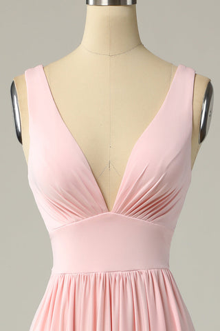 Vestido largo de fiesta amarillo clásico de corte A con escote en V y abertura frontal