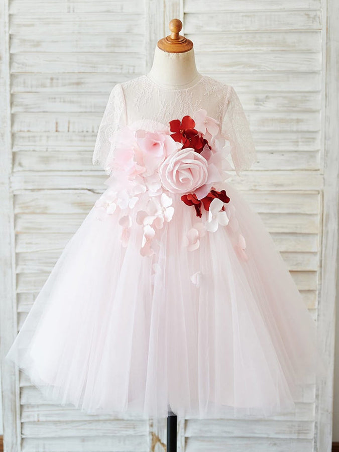 Vestidos de niña de las flores en 3D, corte en A, mangas 1/2, encaje y tul, hasta la rodilla 
