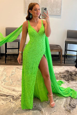 Vestido largo de fiesta con lentejuelas y cola Watteau