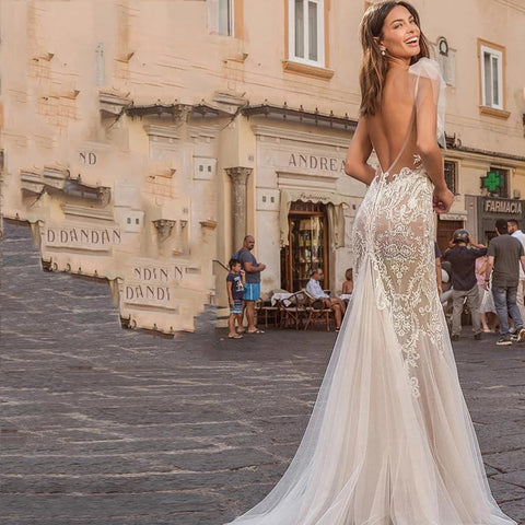 Elegant Scoop Neck Backless Mermaid Wedding Dress Simple Sleeveless Spaghetti Strap Bride Party Romantic Tulle Applique