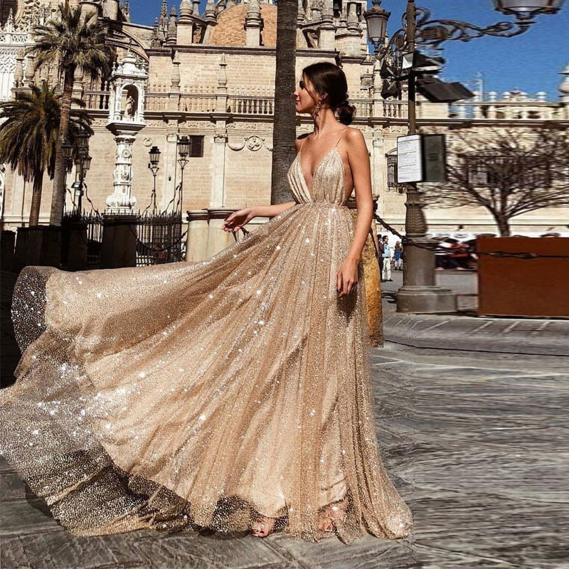 Vestido largo de fiesta con escote en V y tirantes 