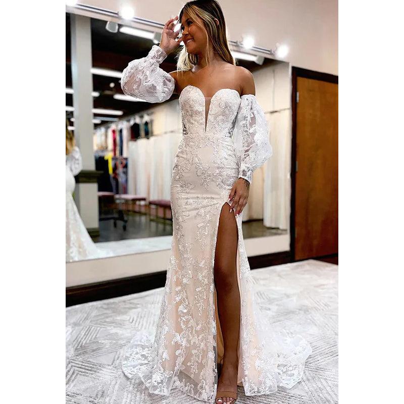 Vestido formal de noche de graduación con escote en V, apliques de tul y mangas largas