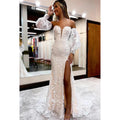 Vestido formal de noche de graduación con escote en V, apliques de tul y mangas largas