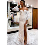Vestido formal de noche de graduación con escote en V, apliques de tul y mangas largas