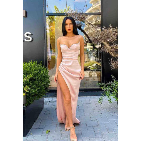 Spaghetti Straps Ruched Long Prom Evening Dress With Slit