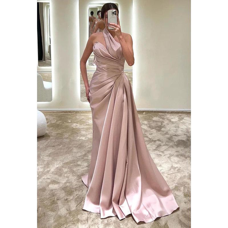 Vestido de fiesta sin mangas, de satén, con pliegues y un solo hombro, corte tubo/columna