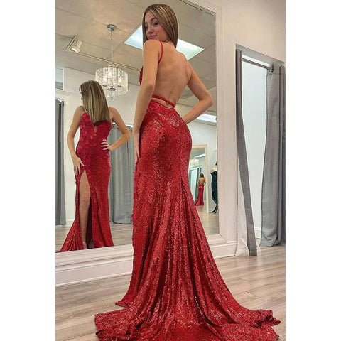 Vestido de fiesta largo con escote en V profundo, tirantes finos, apliques de lentejuelas