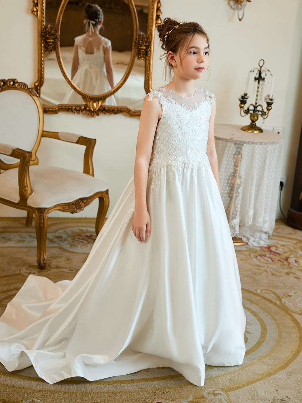 Vestido de princesa de satén con cola para niña de las flores de la primera comunión 