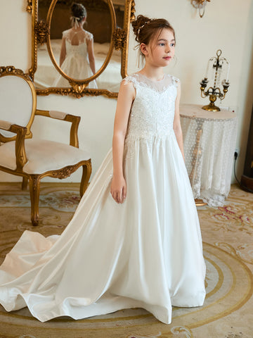 Robe de bal/robe de princesse en satin avec traîne pour la première communion, robe de demoiselle d'honneur 