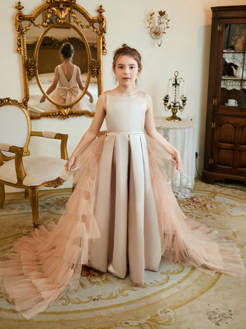 Vestido color champán de corte A con cola de tul satinado (010225319) 