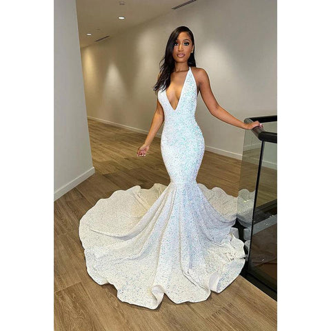 Vestido formal de noche de graduación con escote en V, sin mangas, espalda descubierta y lentejuelas, corte trompeta/sirena