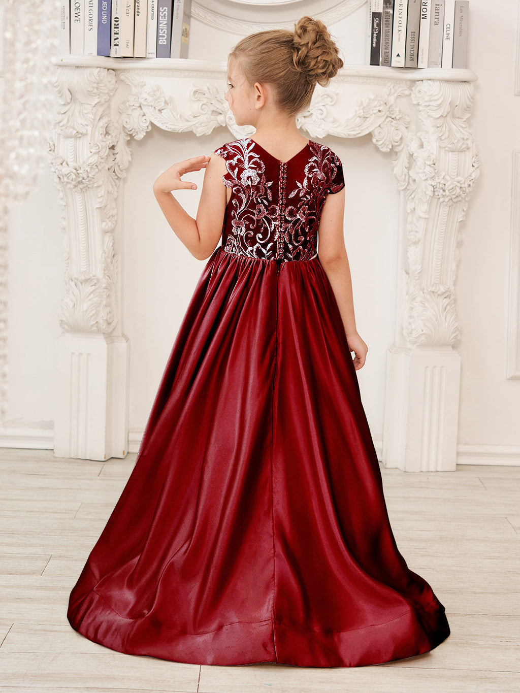 Vestido de niña de las flores de corte A, de satén y encaje, hasta el suelo 