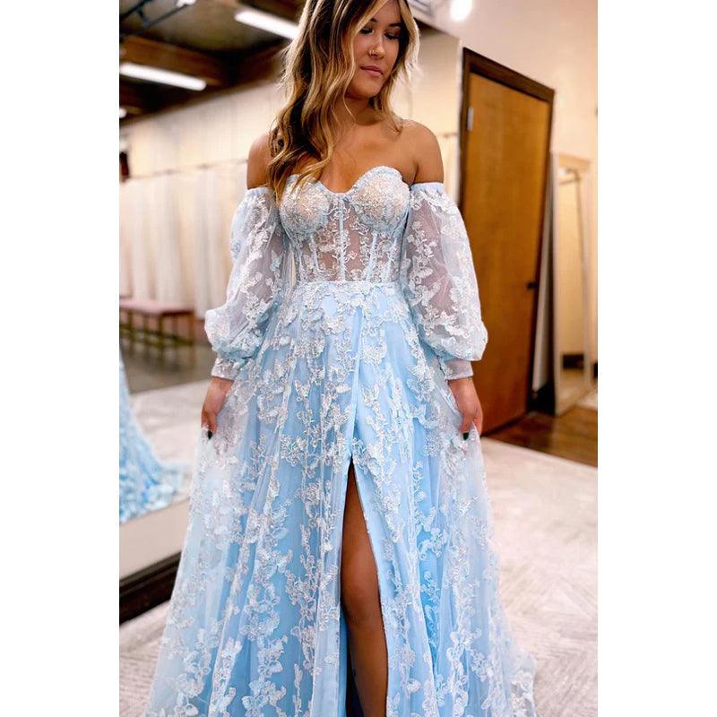 Robe de bal de fin d'année glamour et spectaculaire, sans manches, coupe trapèze, fendue et appliquée