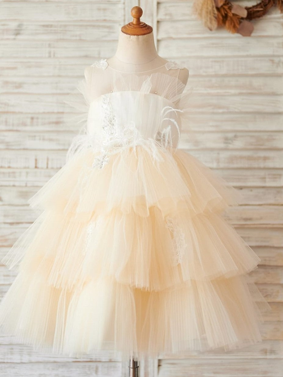 Vestido de niña de las flores color champán hasta la rodilla de tul satinado 