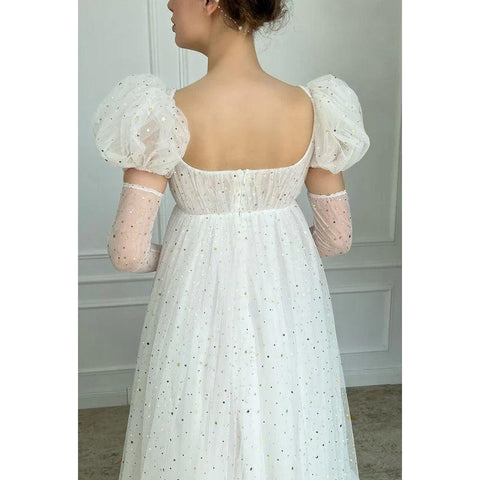 Robe de bal longue trapèze en tulle à col carré et manches courtes bouffantes