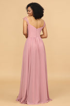 Robe de demoiselle d'honneur longue en mousseline rose poudré avec dentelle