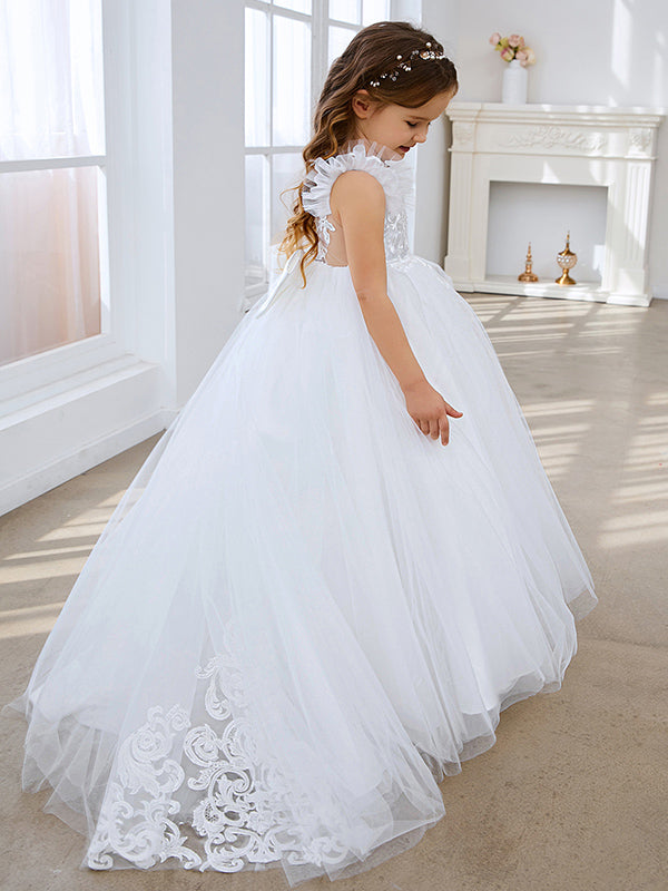 Vestido de princesa color marfil con apliques de encaje y cola de tul para niñas 