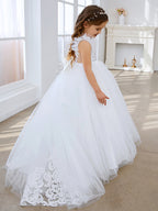 Vestido de princesa color marfil con apliques de encaje y cola de tul para niñas 