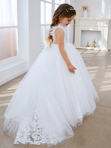 Robe de bal princesse ivoire avec applications de dentelle et traîne en tulle pour filles 