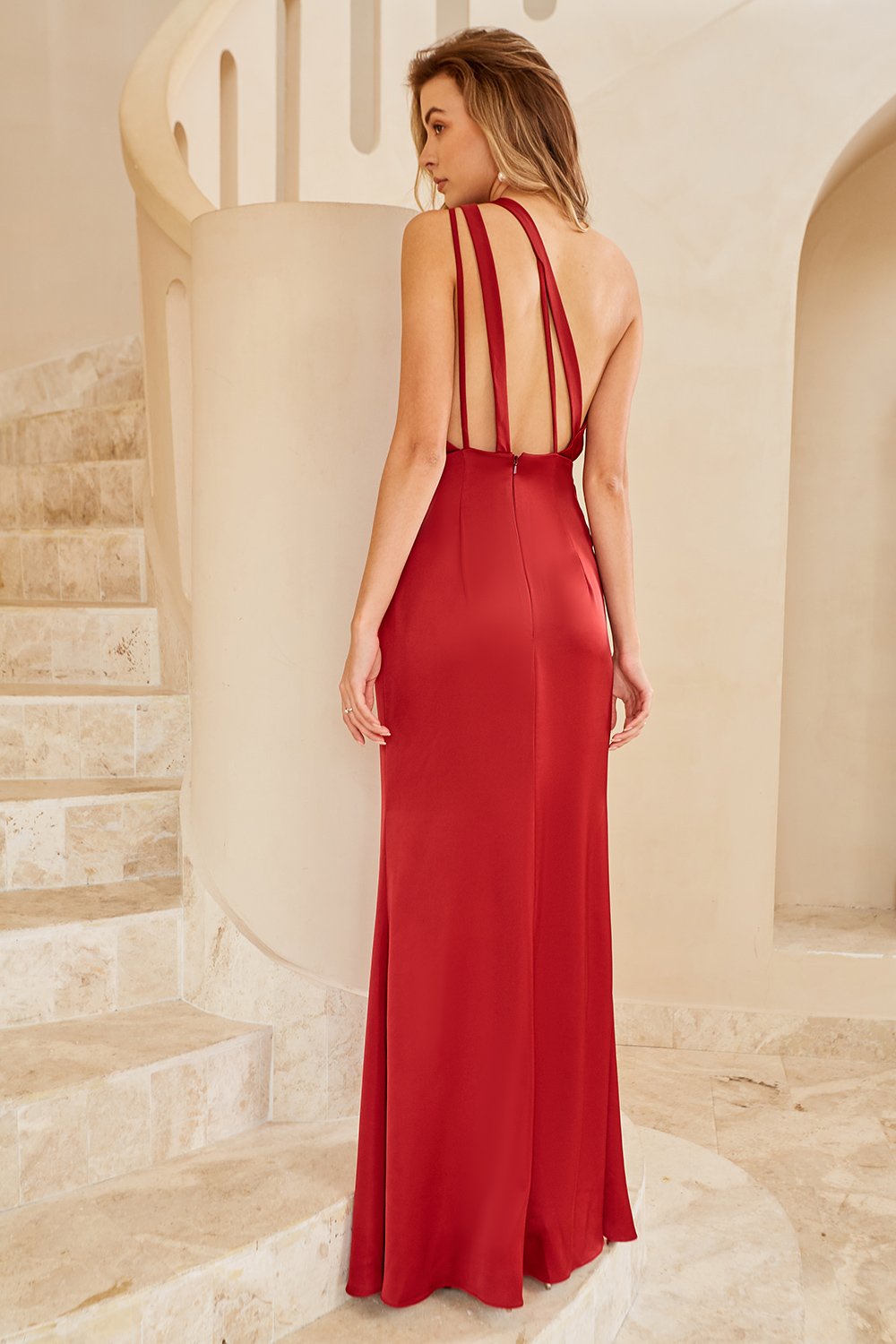 Robe de demoiselle d'honneur longue bordeaux asymétrique