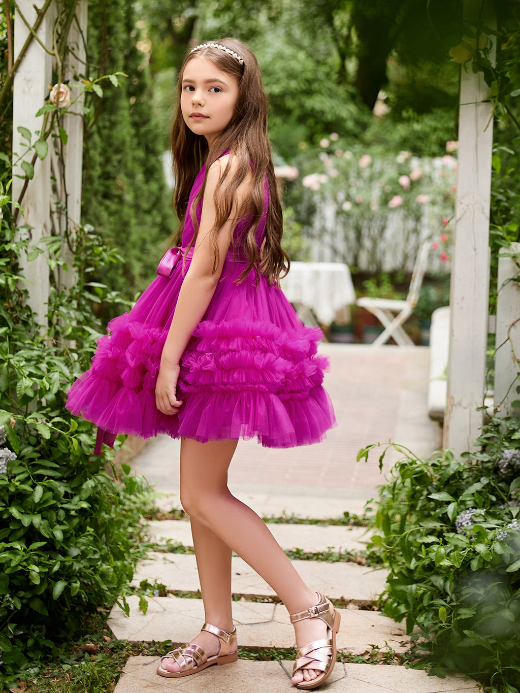 Vestido de niña de las flores de tul sin mangas color fucsia princesa con volantes (010225236) 