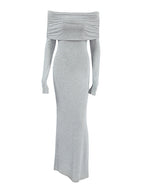 Long Sleeves Skinny Pleated Solid Color Split-Joint Off-The-Shoulder Evening Dresses Maxi Dresses