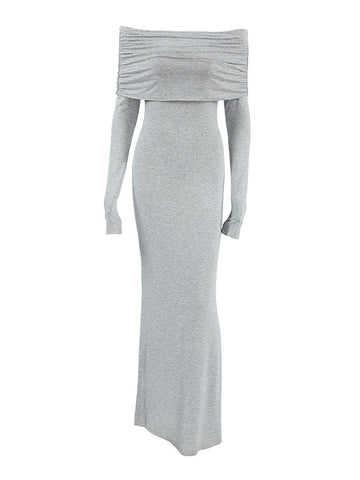 Vestidos largos de noche ajustados, plisados, de color liso, con abertura en la entrepierna y hombros descubiertos. 