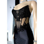 Robe de soirée sexy et tendance, sans manches, avec appliques, fourreau, fente latérale