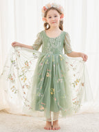 Vestido de niña de las flores color salvia con escote redondo, superficie de tela y tul (2003227581) 