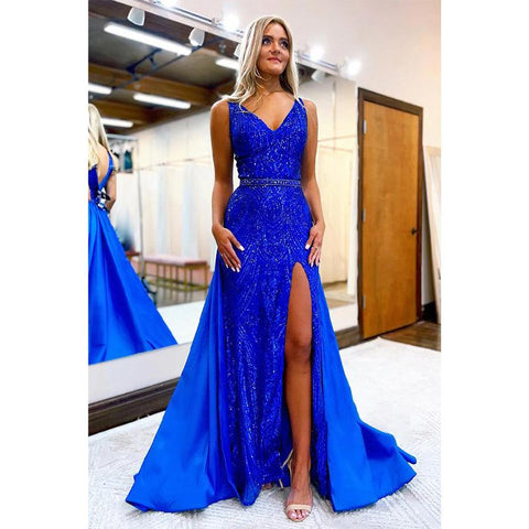 Robe de bal longue sexy à paillettes et décolleté en V avec fente