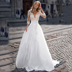 JEHETH Lace Appliques Wedding Dresses For Women Satin Elegant A Line Illusion Back With Button Bride Dress Vestidos de Novia