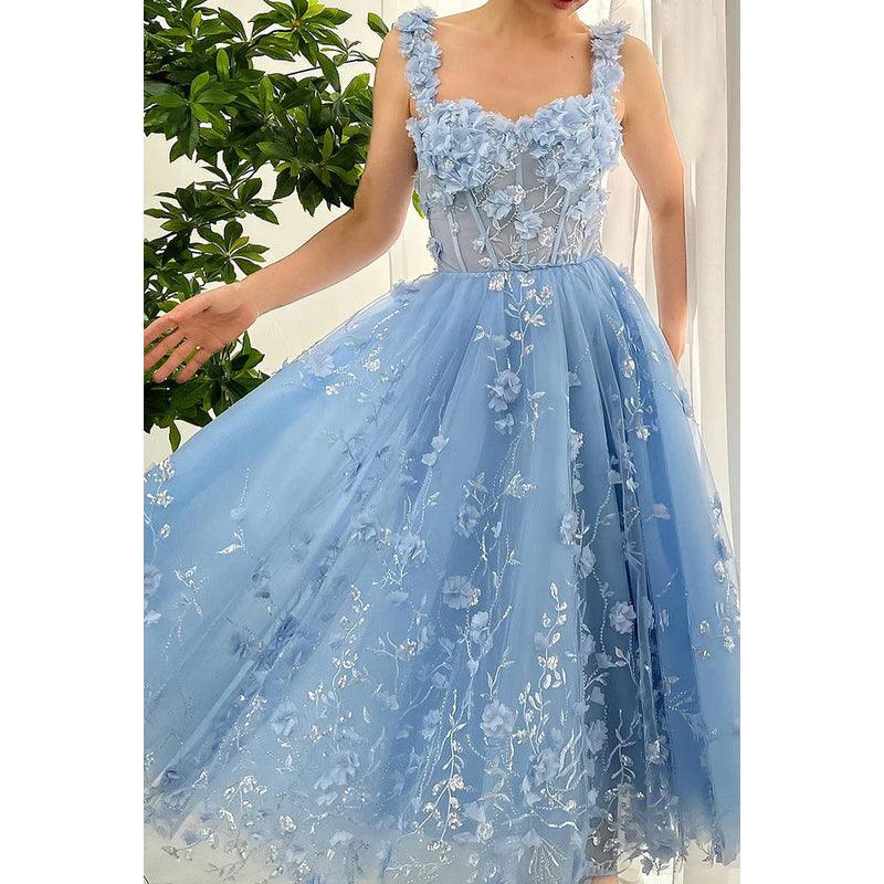 Vestido de fiesta formal glamuroso y dramático con tirantes cuadrados, corte A, apliques de tul y flores