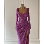 Robe de bal fourreau à paillettes, col en V, manches longues, froncée, fente latérale