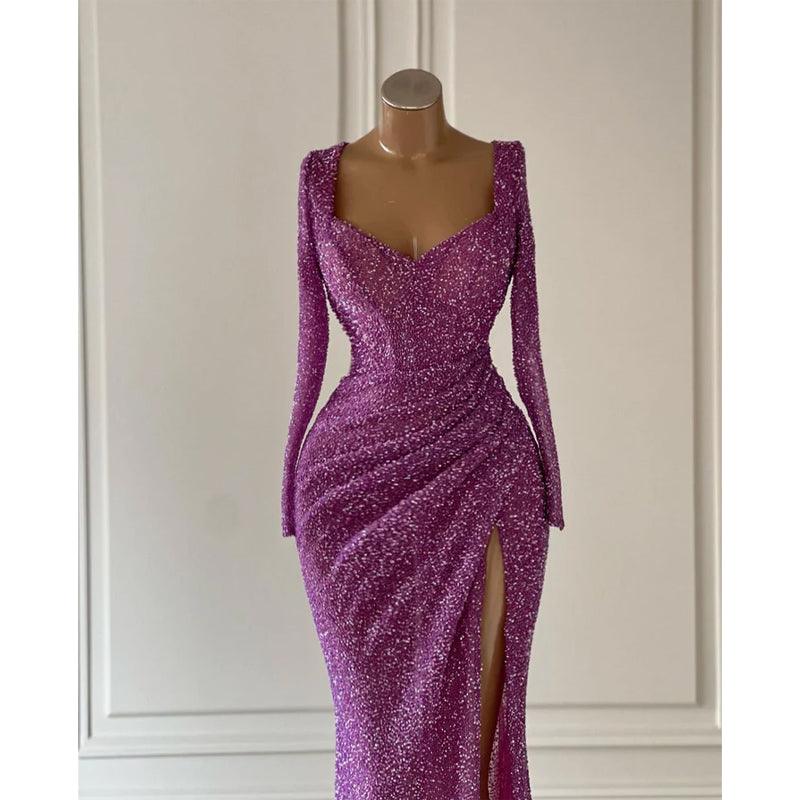 Robe de bal fourreau à paillettes, col en V, manches longues, froncée, fente latérale