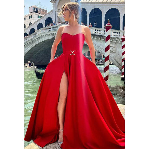 Sweetheart Strapless Thigh Slit A-Line Long Prom Evening Gown