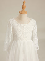 Vestido de niña de las flores de tul, manga larga, corte línea A, encaje blanco angelical 