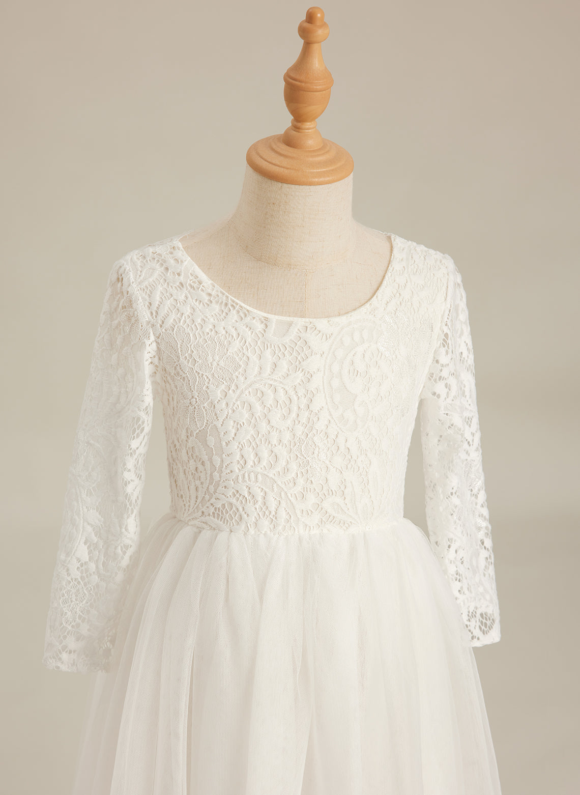 Vestido de niña de las flores de tul, manga larga, corte línea A, encaje blanco angelical 