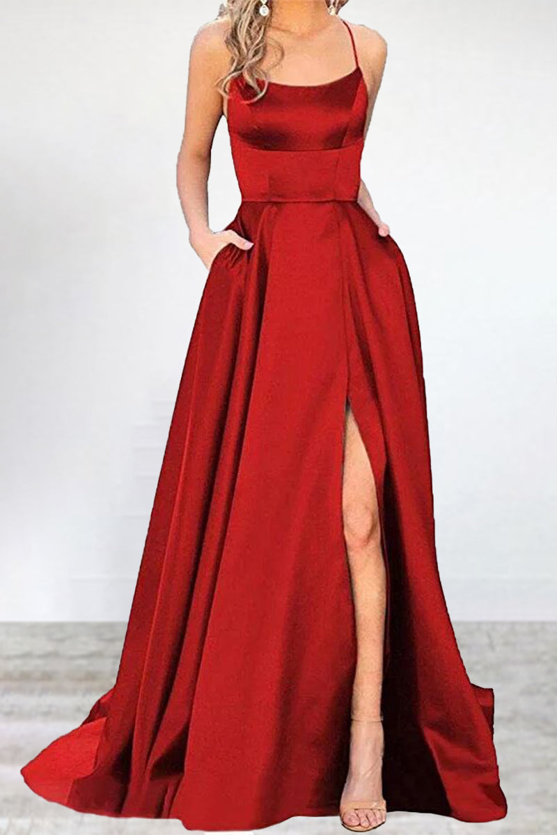 Vestidos de noche sexys, formales, de color liso, con escote en U y abertura alta. 